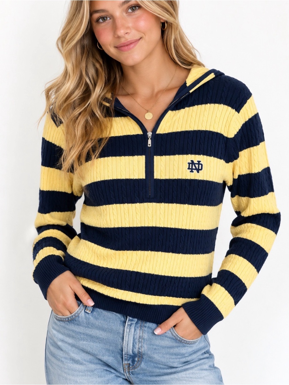 Notre Dame Navy and Yellow Half-Zip Knit Stripe Pullover Top